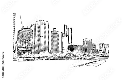 Building view with landmark of Abu Dhabi, the capital of the United Arab Emirates. Hand drawn sketch illustration in vector.