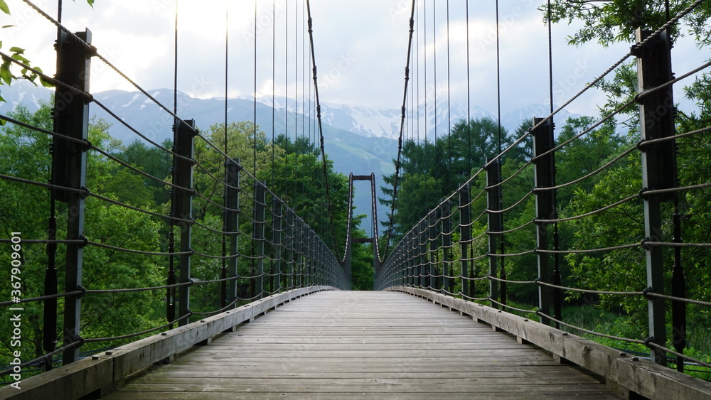 SUMMER, beautiful nature landscape from the wooden bridge in the northern alps, Japan, Hakuba