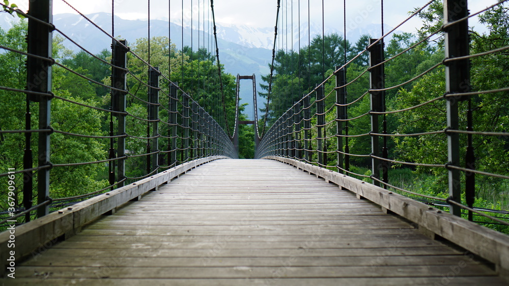 SUMMER, beautiful nature landscape from the wooden bridge in the northern alps, Japan, Hakuba SUMMER, beautiful nature landscape from the wooden bridge in the northern alps, Japan, Hakuba