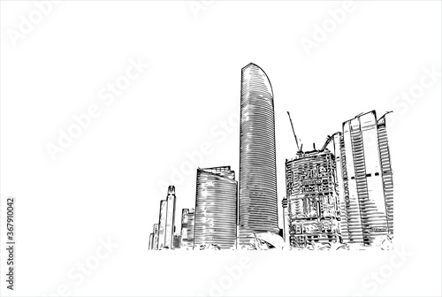 Building view with landmark of Abu Dhabi, the capital of the United Arab Emirates. Hand drawn sketch illustration in vector.