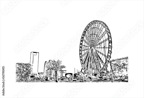 Building view with landmark of Abu Dhabi, the capital of the United Arab Emirates. Hand drawn sketch illustration in vector.