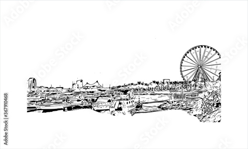 Building view with landmark of Abu Dhabi, the capital of the United Arab Emirates. Hand drawn sketch illustration in vector.