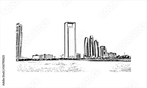 Building view with landmark of Abu Dhabi, the capital of the United Arab Emirates. Hand drawn sketch illustration in vector.