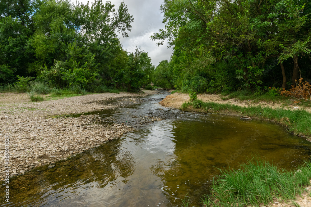 Obraz premium Tree lined rocky creek flowing off into the distance