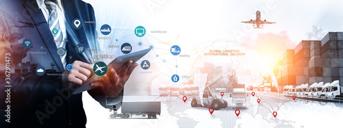World map with logistic network distribution on background. Logistic and transport concept in front Container Cargo freight ship for Concept of fast or instant shipping, Online goods orders worldwide