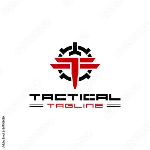 logo of tactical or military training, tactical sport, military team, bullet and scope, monogram TF