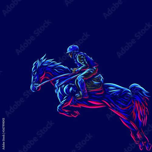 Man riding horse line pop art potrait logo colorful design with dark background. Abstract vector illustration. Isolated black background for t-shirt, poster, clothing, merch, apparel, badge design © Christosign