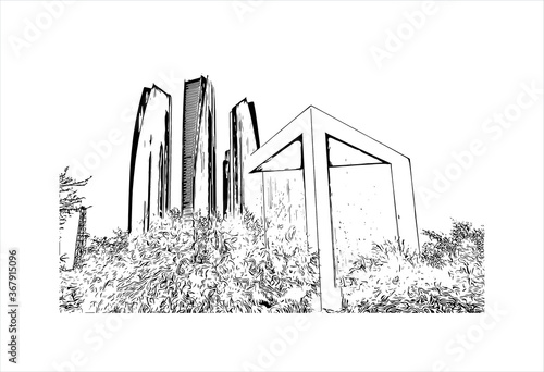 Building view with landmark of Abu Dhabi, the capital of the United Arab Emirates. Hand drawn sketch illustration in vector.
