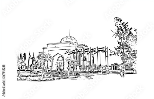 Building view with landmark of Abu Dhabi, the capital of the United Arab Emirates. Hand drawn sketch illustration in vector.