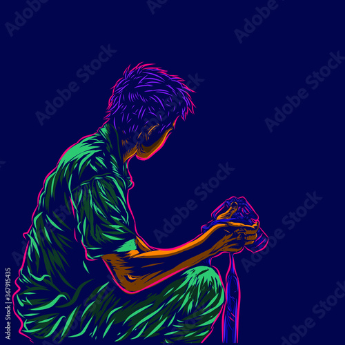 Male photographer take photo line pop art potrait logo colorful design with dark background. Abstract vector illustration. 