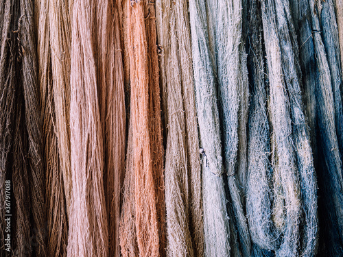 Close-up of dyed cotton yarns by nature color