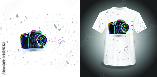 t-shirt design with a logo of a camera. 3d printed design DSLR camera logo. vector illustration
