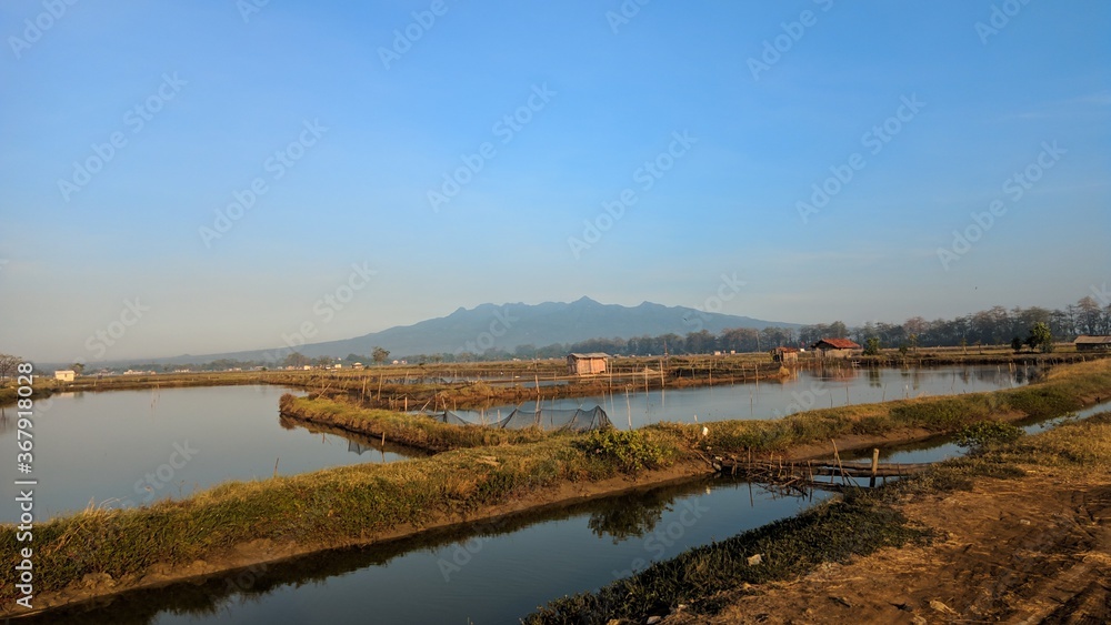 Natural view of fish ponds and beautiful blue sky with mountain silhouettes when in morning