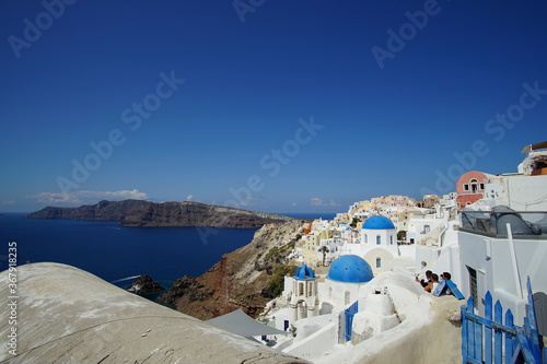 The landscape with beautiful buildings houses in santorini island in Oia  Greece  Europe