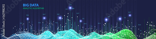 Abstract  infographics with wavy grid algorithm data on blue background. Data chart. 3d grid data chart  algorithm. Vector Illustration. Big data.