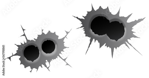 Bullet double hole on white background. set of double realisic metal bullet hole, damage effect. Vector illustration.