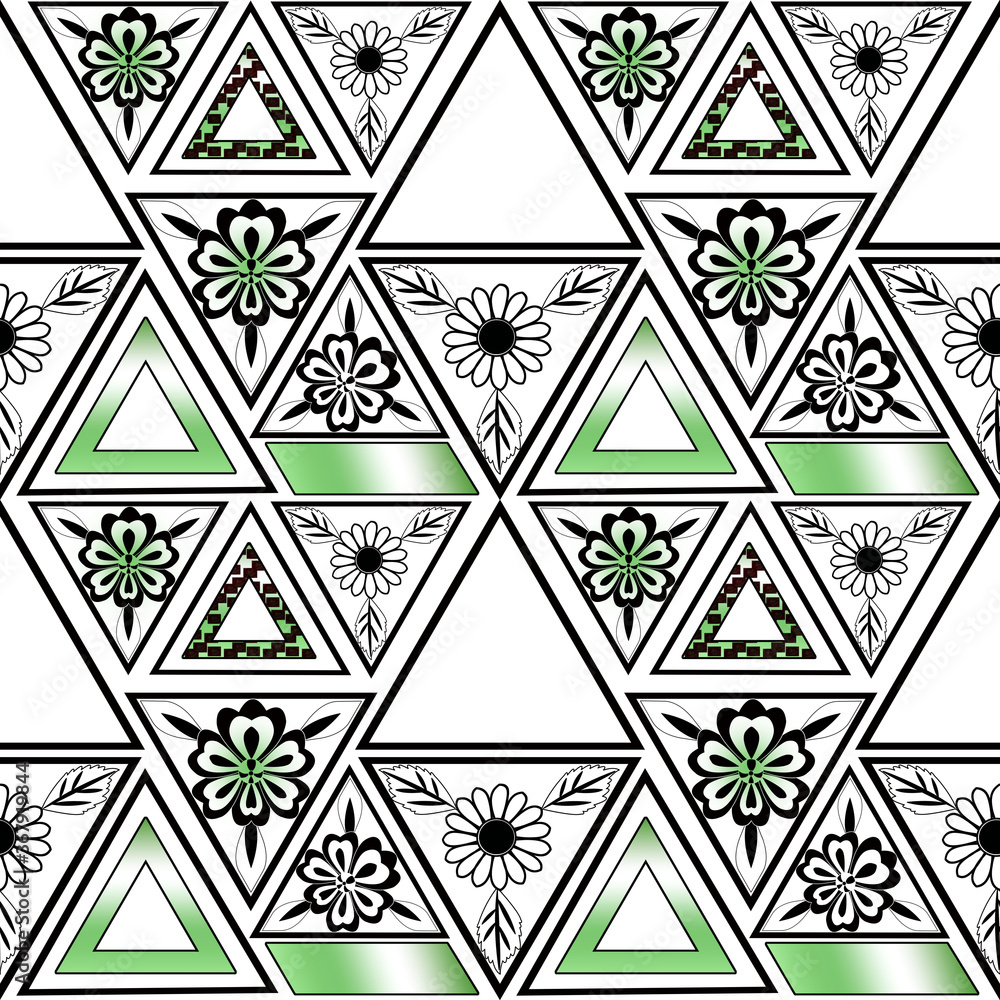 An illustration consisting of graphic elements, flowers, leaves, and geometric shapes. Ornament close-up. Resource for printing on paper or fabric, seamless background. An illustration consisting of graphic elements, flowers, leaves, and geometric shapes. Ornament close-up. Resource for printing on paper or fabric, seamless background.