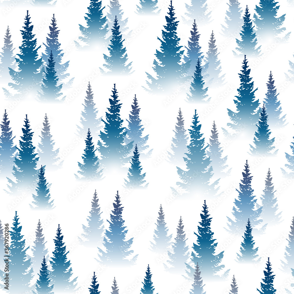 Obraz Seamless pattern with fog coniferous forest - wild landscape background for Your design
