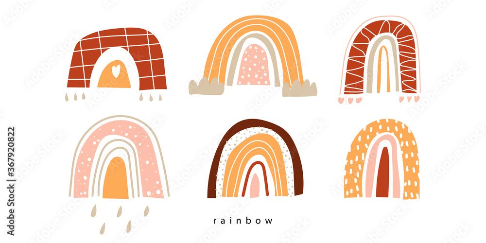 Set of rainbows with drops and a heart isolated on a white background. Print for children. Background for the interior. Doodle style. Vector.