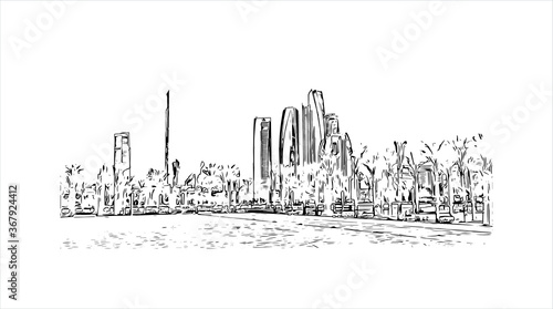 Building view with landmark of Abu Dhabi, the capital of the United Arab Emirates. Hand drawn sketch illustration in vector.