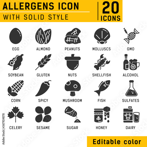 Allergens solid icons vector set. Isolated on white background. Allergens icon with solid style. Food allergens symbols emblems signs collection
