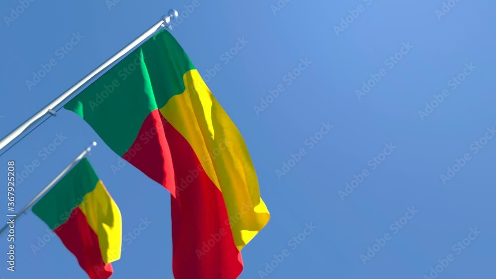 The national flag of Benin is flying in the wind against a blue sky The national flag of Benin is flying in the wind against a blue sky