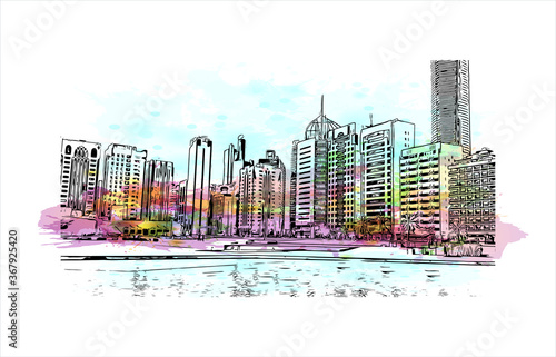 Building view with landmark of Abu Dhabi, the capital of the United Arab Emirates. Watercolor splash with hand drawn sketch illustration in vector.