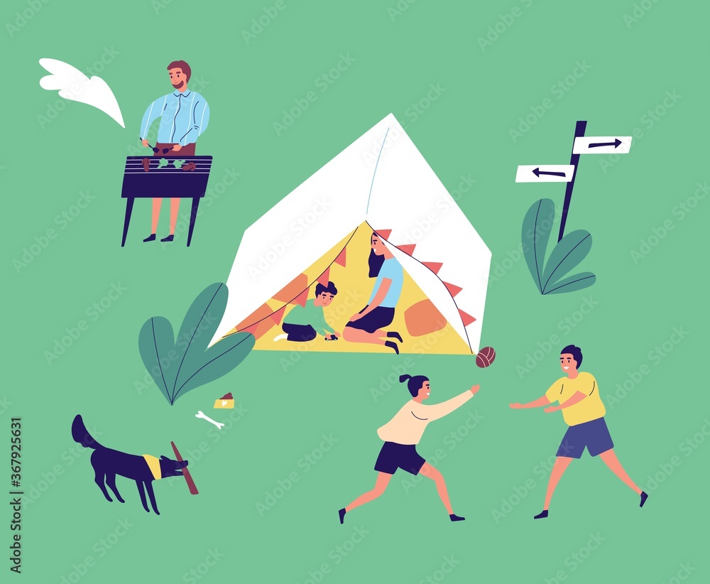 Active family resting at camping together vector flat illustration. Mother, father and children cooking barbecue, playing and having fun. Happy people spending time outdoor during summer vacation