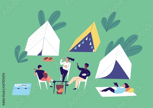 Group of diverse people relax at camping vector flat illustration. Tourists eat and cook food on campfire, play guitar, read book, rest and talk each other. Man and woman spending time outdoor