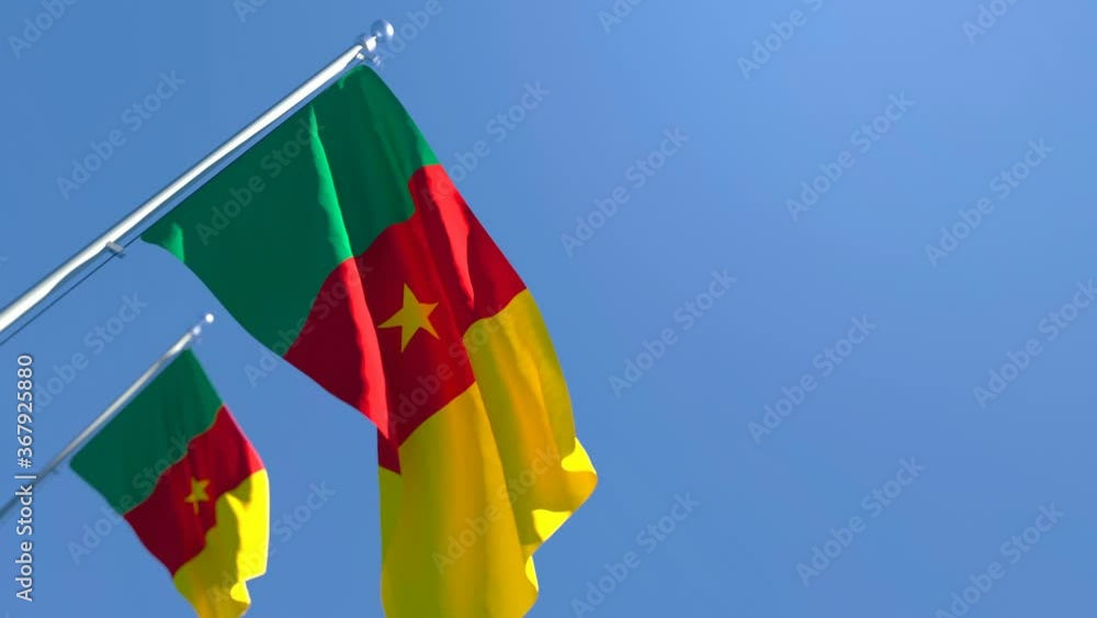 The national flag of Cameroon is flying in the wind against a blue sky