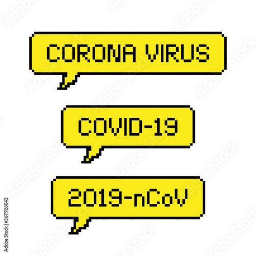Pixel art yellow coronavirus speech bubble icon.
