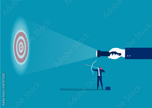 businessman looking guideline at targets for shooting success concept vector illustrator