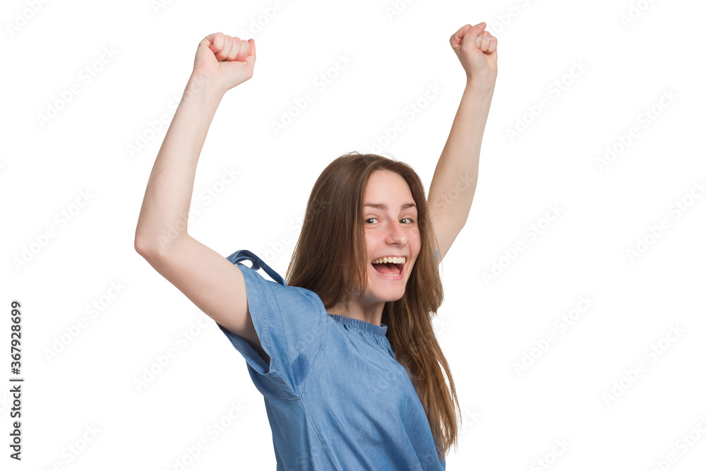 A young woman with long hair in a blue dress. Isolated on a white background A young woman with long hair in a blue dress. Isolated on a white background