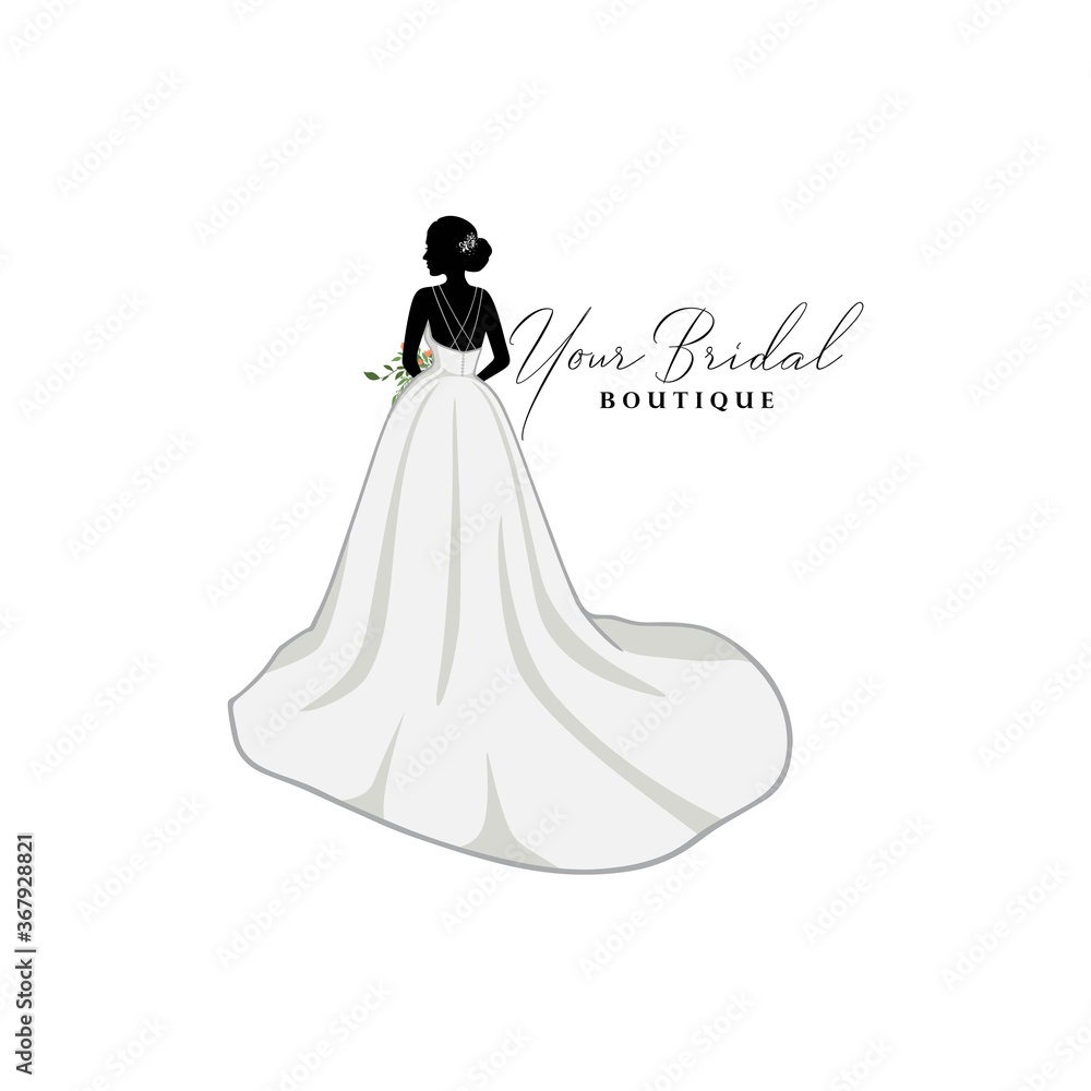 Beautiful Bride with Flower Bouquet, Bridal Boutique Logo Inspiration, Bridal Gown Logo Vector Design Template Beautiful Bride with Flower Bouquet, Bridal Boutique Logo Inspiration, Bridal Gown Logo Vector Design Template