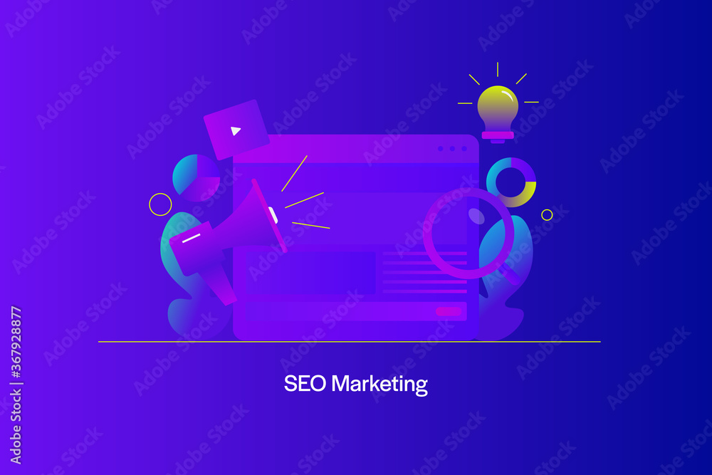 Search marketing and website seo optimization, increasing web traffic and conversion rate with digital promotion strategy. Web banner with gradient background and elements.