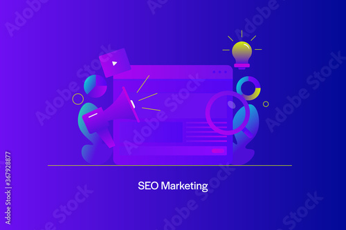 Search marketing and website seo optimization  increasing web traffic and conversion rate with digital promotion strategy. Web banner with gradient background and elements.