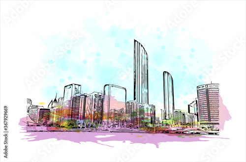 Building view with landmark of Abu Dhabi, the capital of the United Arab Emirates. Watercolor splash with hand drawn sketch illustration in vector.