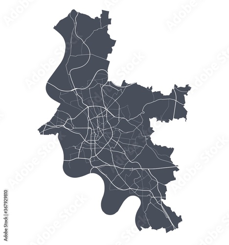 Dusseldorf map. Detailed map of Dusseldorf city poster with streets. Dark vector.