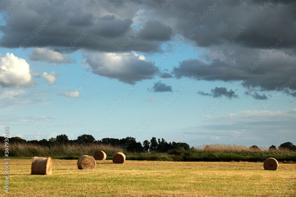 Dark clouds over a sheaf of hay in the meadow