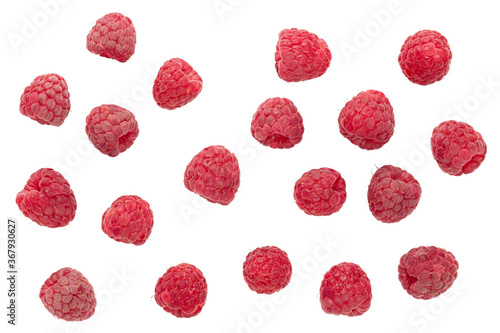 Flying raspberry isolated on white background. top view