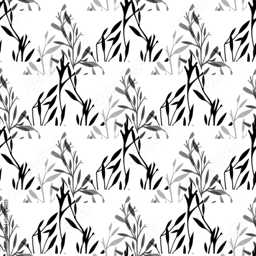 Fototapeta Naklejka Na Ścianę i Meble -  Black and white geometric natural pattern. Silhouette of branches with leaves and herbs in triangles on a white background. Vector natural texture for fabrics, wallpapers and your creativity