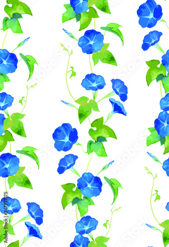 Seamless vertical pattern of morning glory (asagao) flowers