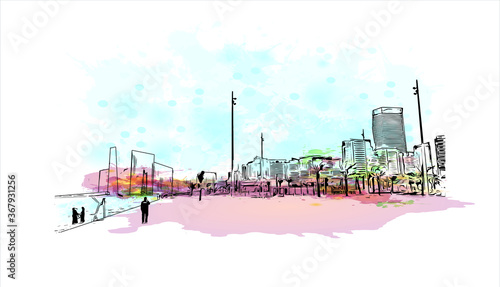 Building view with landmark of Abu Dhabi, the capital of the United Arab Emirates. Watercolor splash with hand drawn sketch illustration in vector.