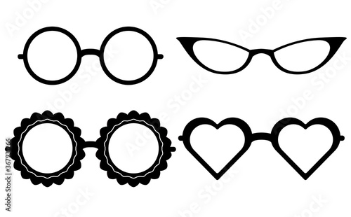 Set of different black silhouettes of glasses. Unusual sun protection and optical instruments. Vector element for logos, icons and your design.