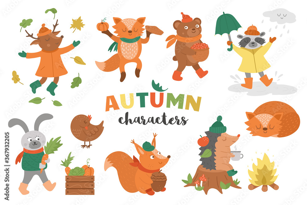 Set of vector autumn characters. Cute woodland animals collection. Fall ...
