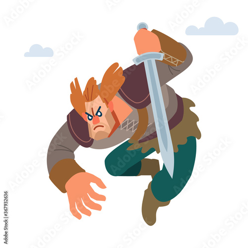 Viking. Warrior Northerner. Medieval young Viking in armor attacks with sword. Vector isolated on white background with dragon. Flat style