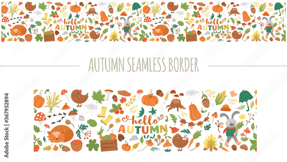 Vector autumn seamless pattern brush. Cute fall season repeating border background. Funny digital paper with forest animals, pumpkins, mushrooms, leaves. Good for washi tapes. Vector autumn seamless pattern brush. Cute fall season repeating border background. Funny digital paper with forest animals, pumpkins, mushrooms, leaves. Good for washi tapes.