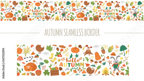 Vector autumn seamless pattern brush. Cute fall season repeating border background. Funny digital paper with forest animals, pumpkins, mushrooms, leaves. Good for washi tapes.