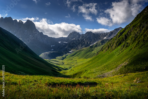 Panoramic view of the Juta valley and the Chaukhi massif 