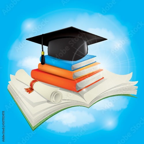 graduation cap and scroll with books